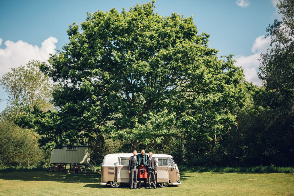 Boho Woodland Wedding Tey Brook Orchard, Browning Bros, Essex - Groomsmen in Kilts, VW . Camper Van