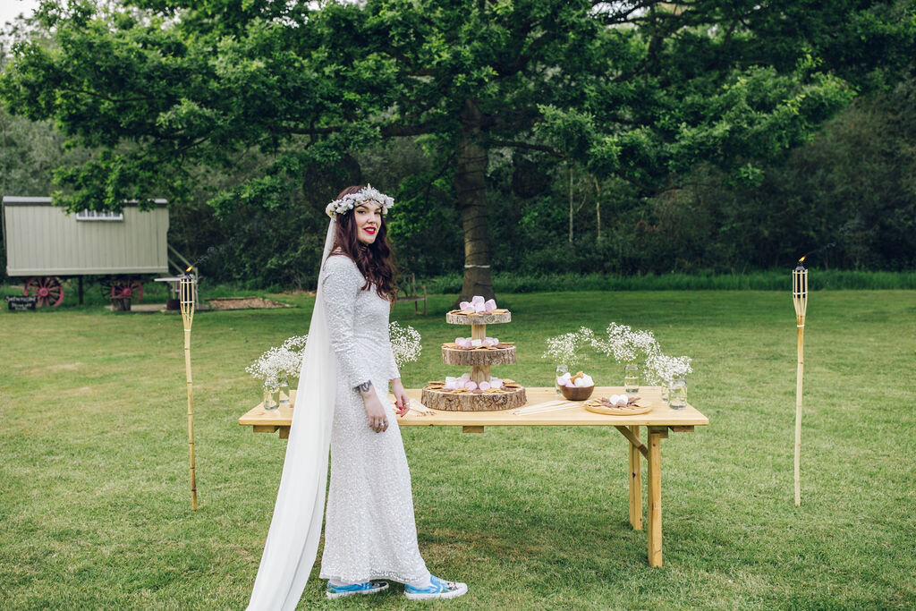 Boho Woodland Wedding Tey Brook Orchard, Browning Bros, Essex - s'mores table