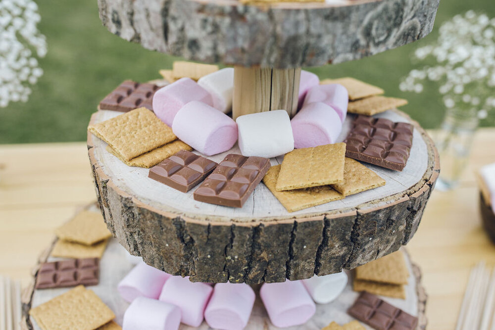 Boho Woodland Wedding Tey Brook Orchard, Browning Bros, Essex - s'mores table
