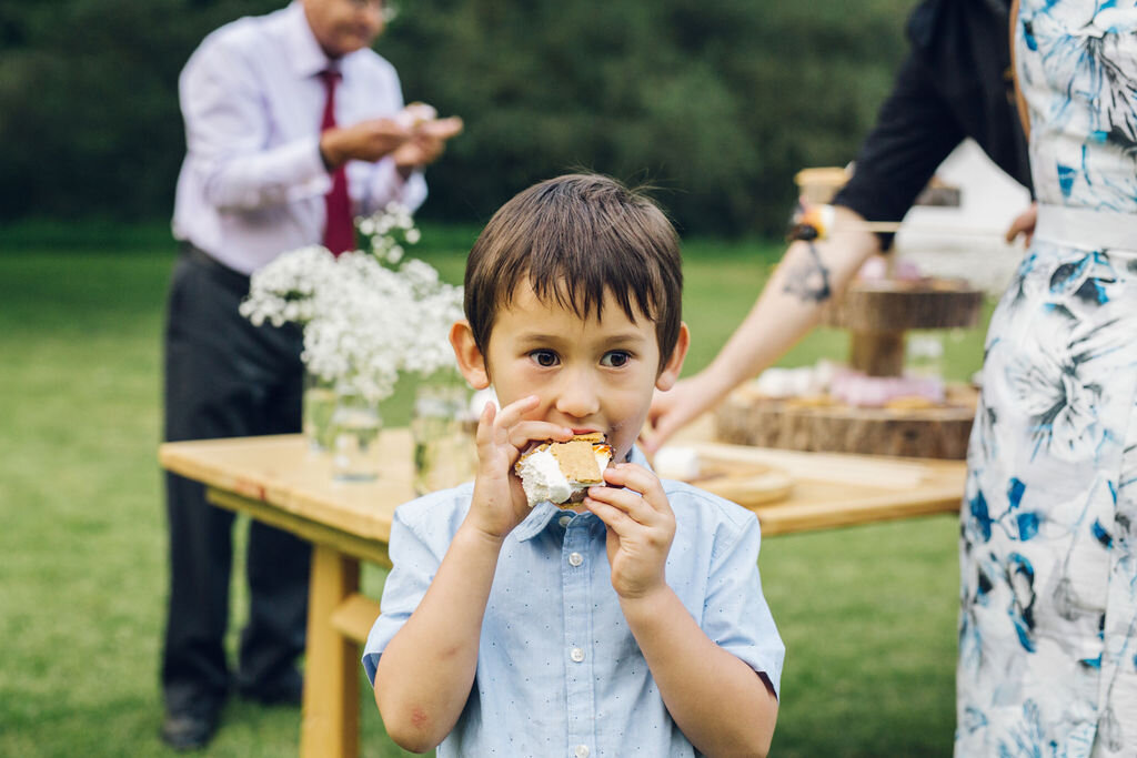 Boho Woodland Wedding Tey Brook Orchard, Browning Bros, Essex - Marshmallow toasting