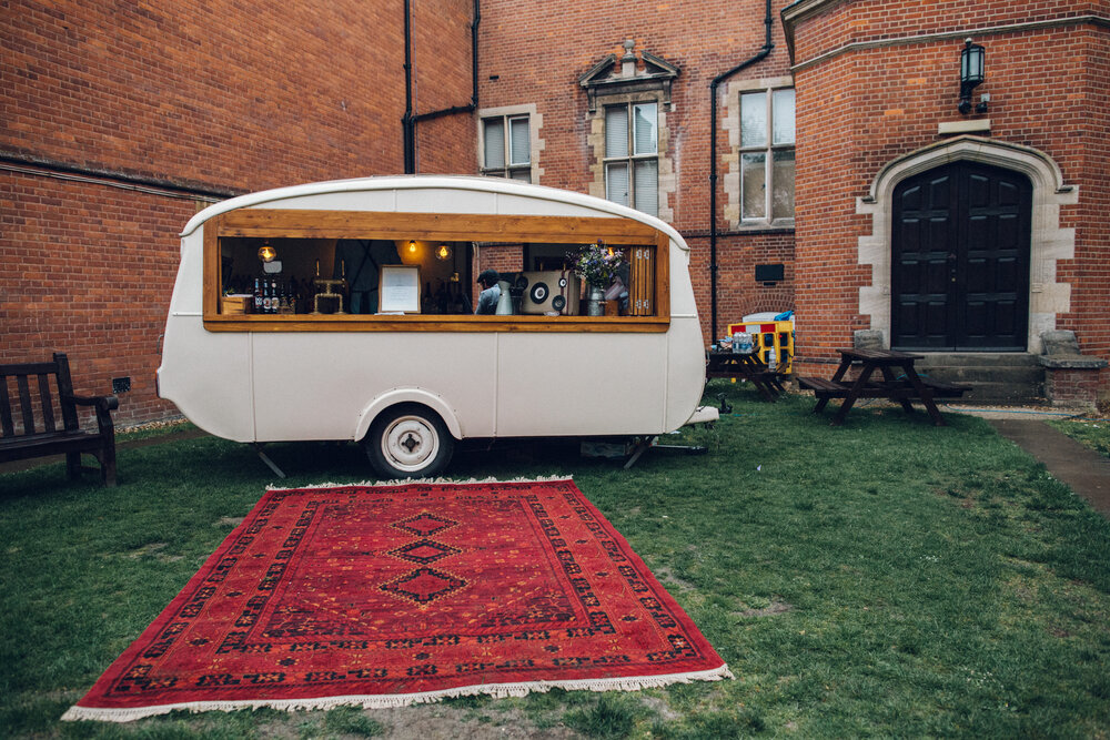 Fun &amp; Quirky Natural History Museum Tring Wedding outside caravan bar