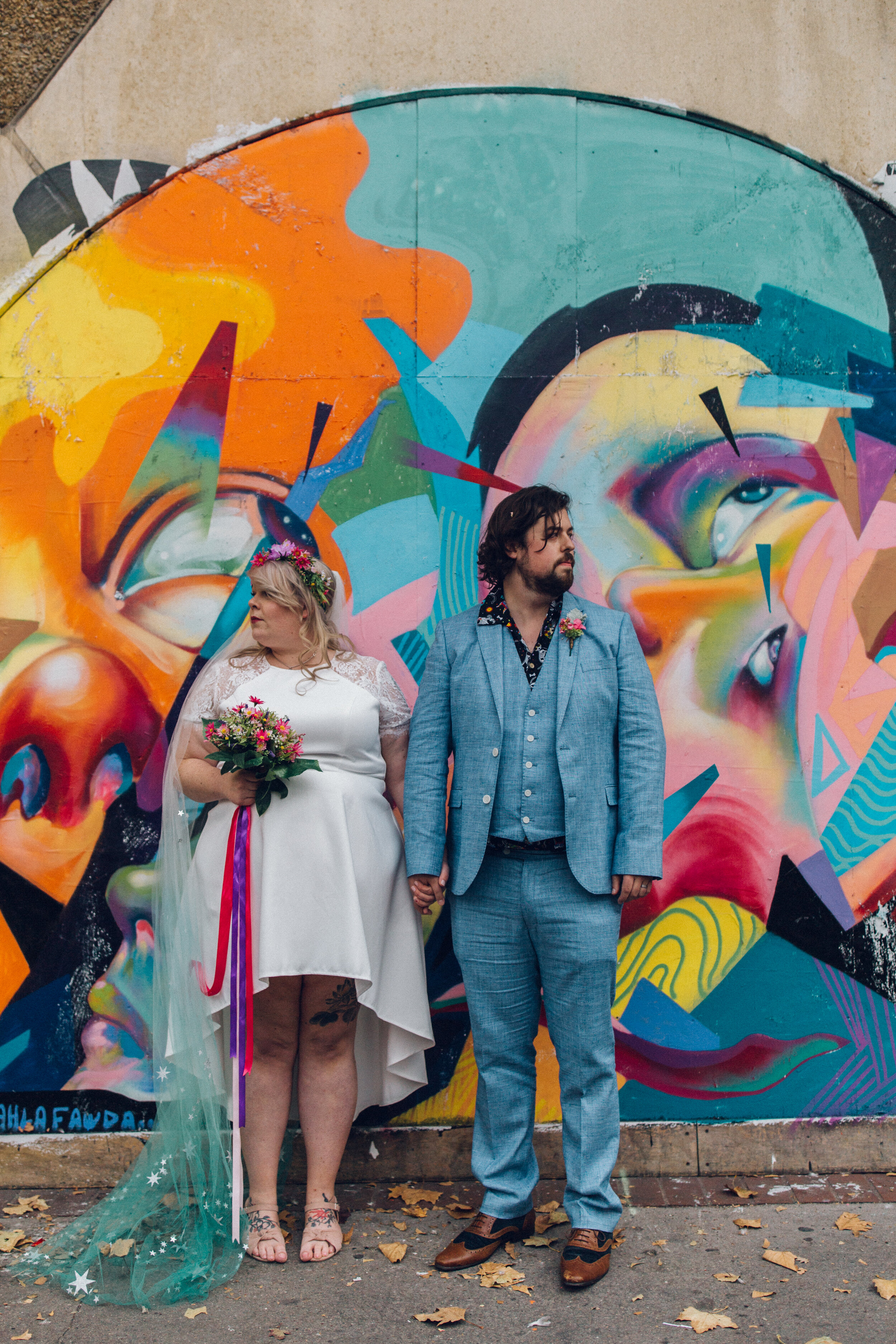 Couple Portraits in Front of Street Art - Colourful Alternative Wedding at Project B Croydon