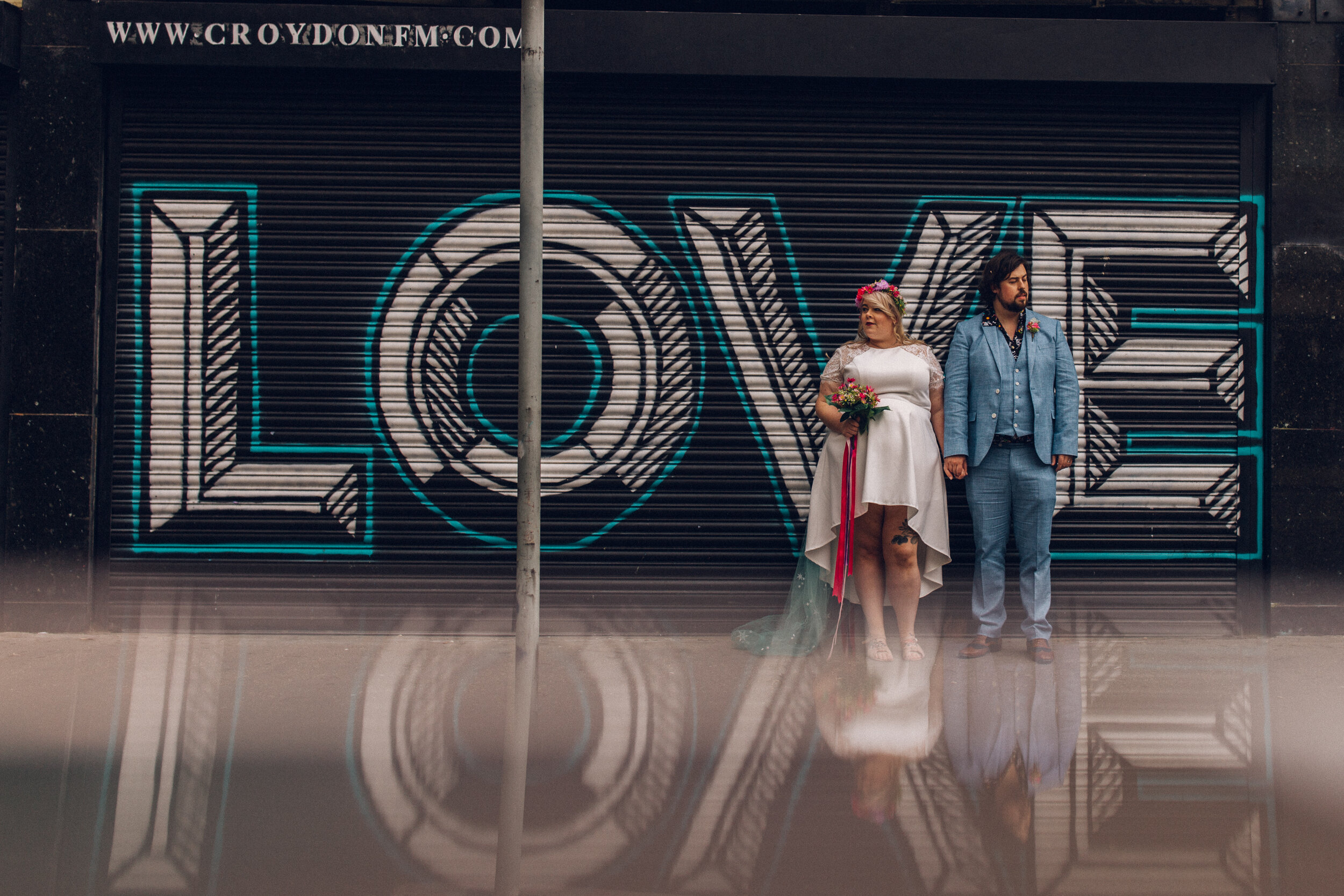 Couple Portraits in Front of Street Art - Colourful Alternative Wedding at Project B Croydon