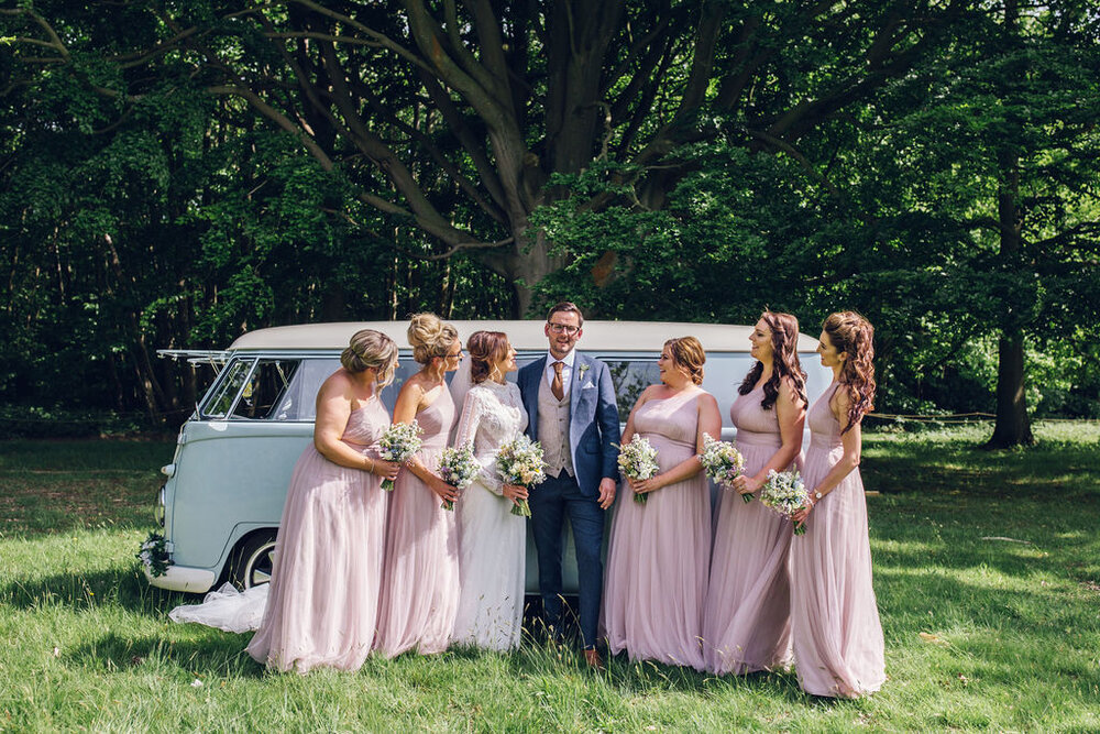 Relaxed Wedding at the Dreys, Kent - Wedding Party Group Photo In Front Of Camper Van