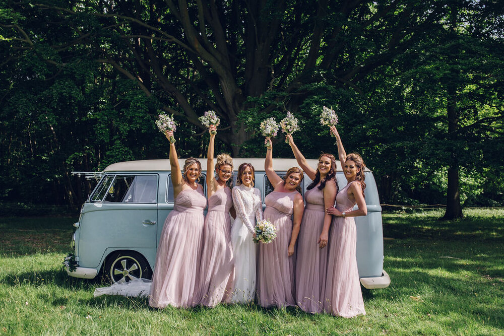 Relaxed Wedding at the Dreys, Kent - Wedding Party Group Photo In Front Of Camper Van