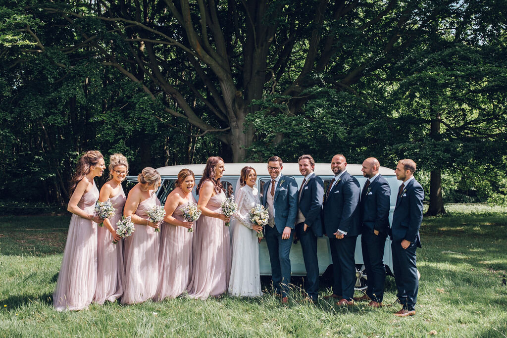 Relaxed Wedding at the Dreys, Kent - Wedding Party Group Photo In Front Of Camper Van
