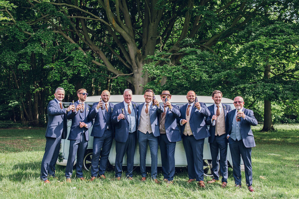 Relaxed Wedding at the Dreys, Kent - Wedding Party Group Photo In Front Of Camper Van