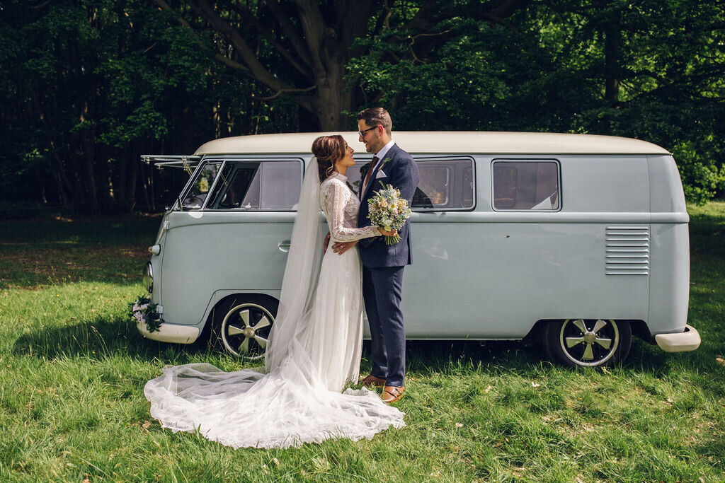 Relaxed Wedding at the Dreys, Kent - Bride &amp; Groom In Front Of Camper Van