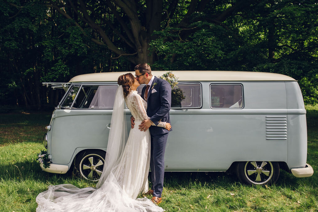 Relaxed Wedding at the Dreys, Kent - Bride &amp; Groom In Front Of Camper Van