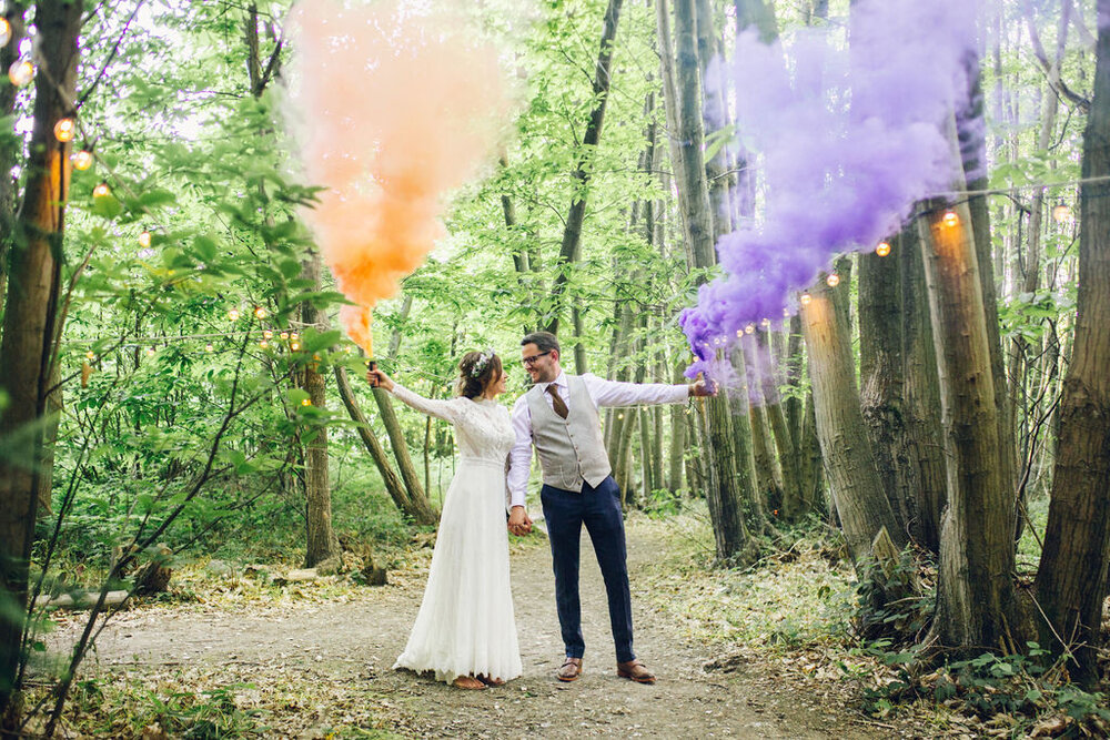 Relaxed Wedding at the Dreys, Kent - Boho Woodland Wedding Smoke Bomb Couple Photo