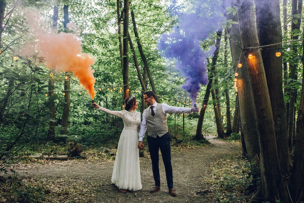 Relaxed Wedding at the Dreys, Kent - Boho Woodland Wedding Smoke Bomb Couple Photo