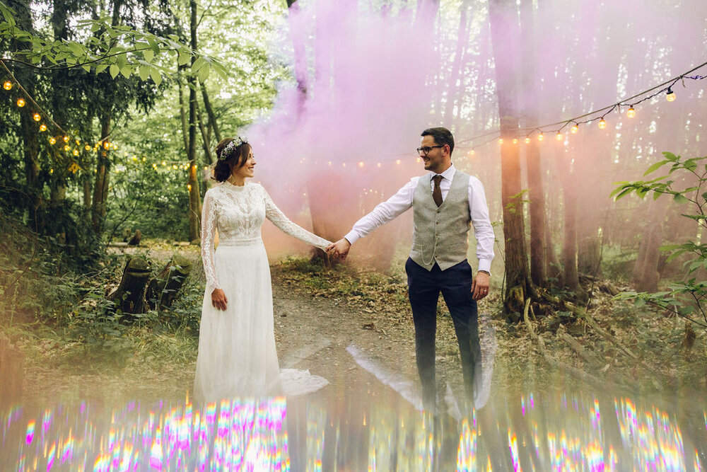 Relaxed Wedding at the Dreys, Kent - Boho Woodland Wedding Smoke Bomb Couple Photo