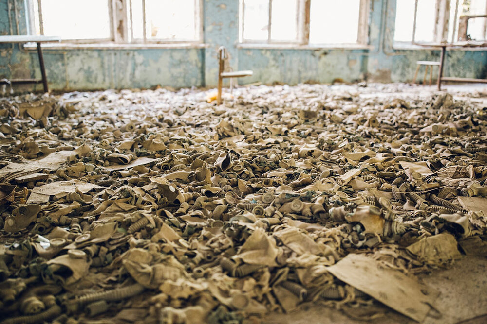 Travel photography - Chernobyl exclusion zone and Pripyat tour gas masks in school 