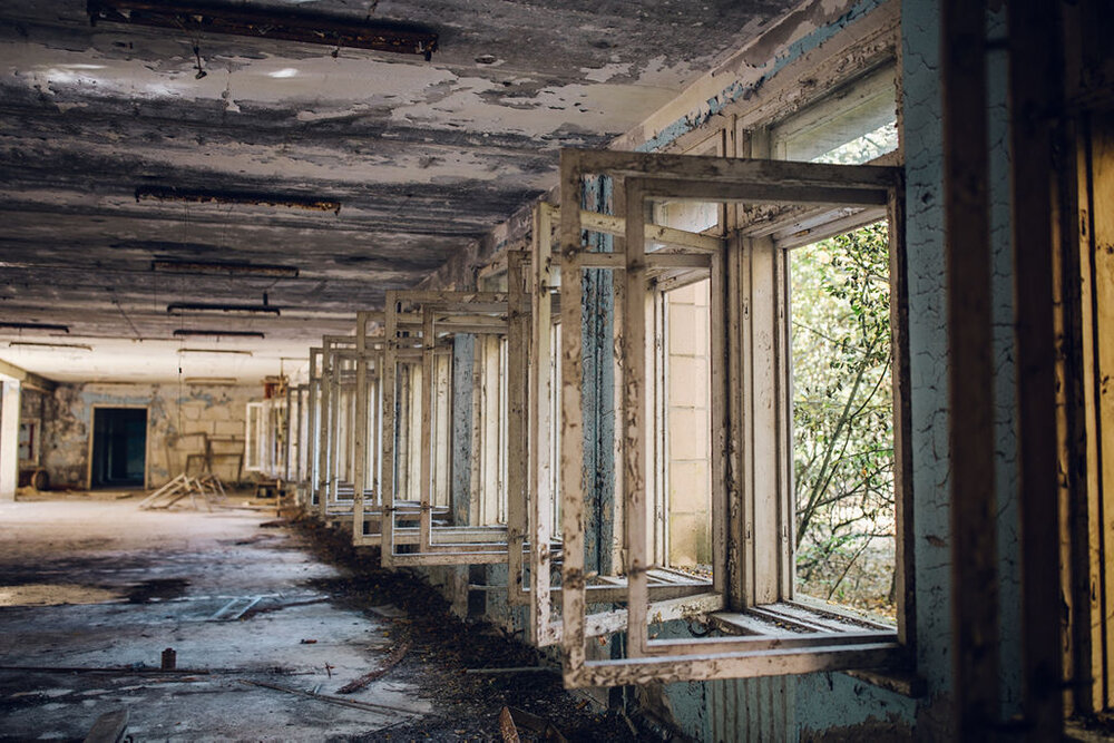 Travel photography - Chernobyl exclusion zone and Pripyat tour decaying windows