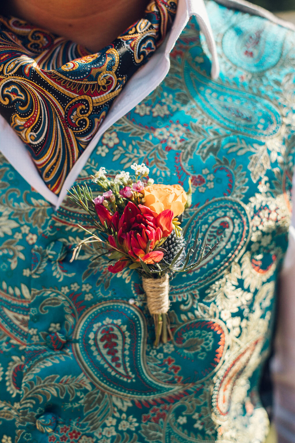 Bright Flower Buttonhole Corsage - Colourful Festival Wedding Essex 