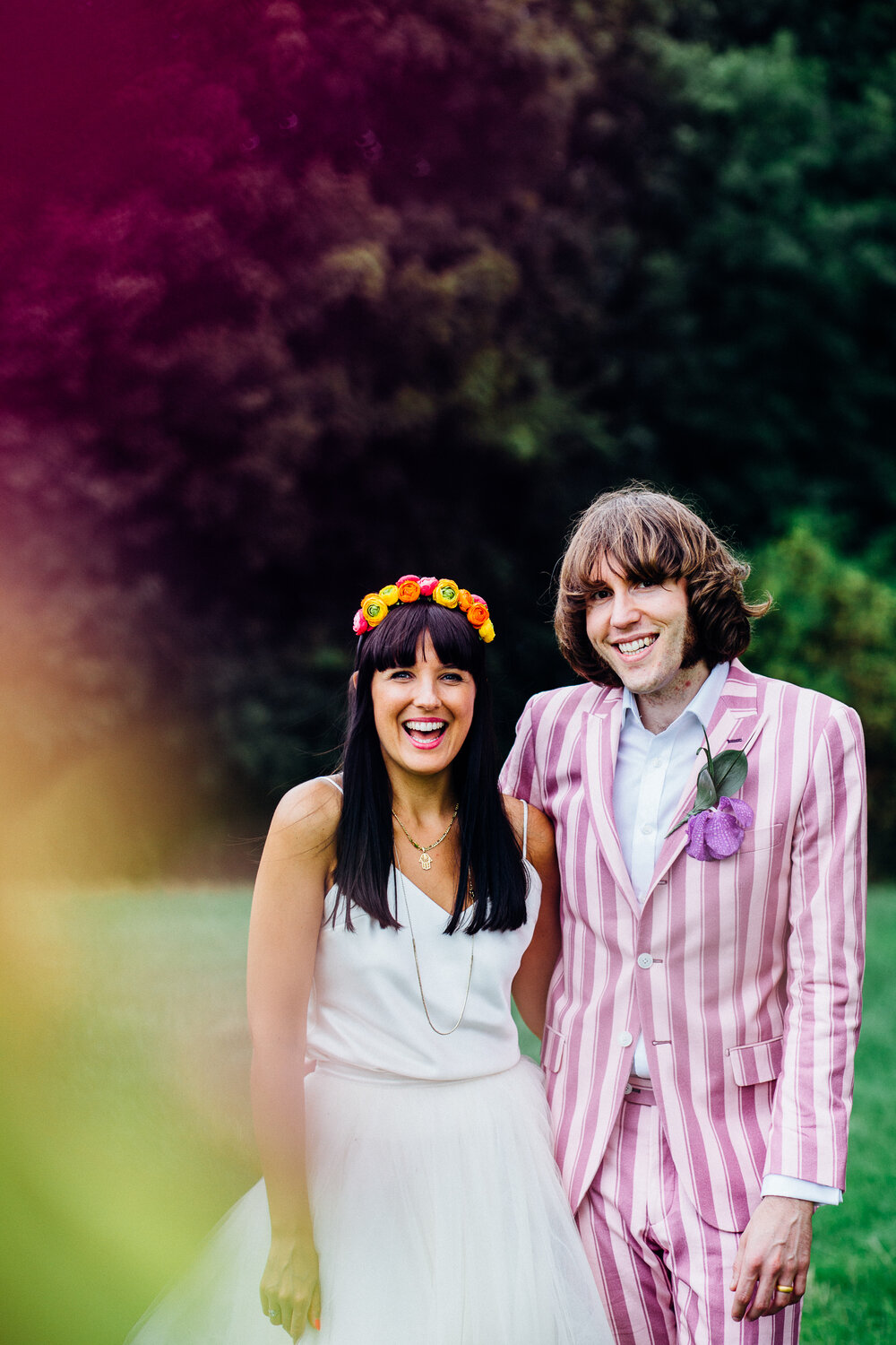 Colourful Wedding Photography Non-Traditional Striped Groom Suit