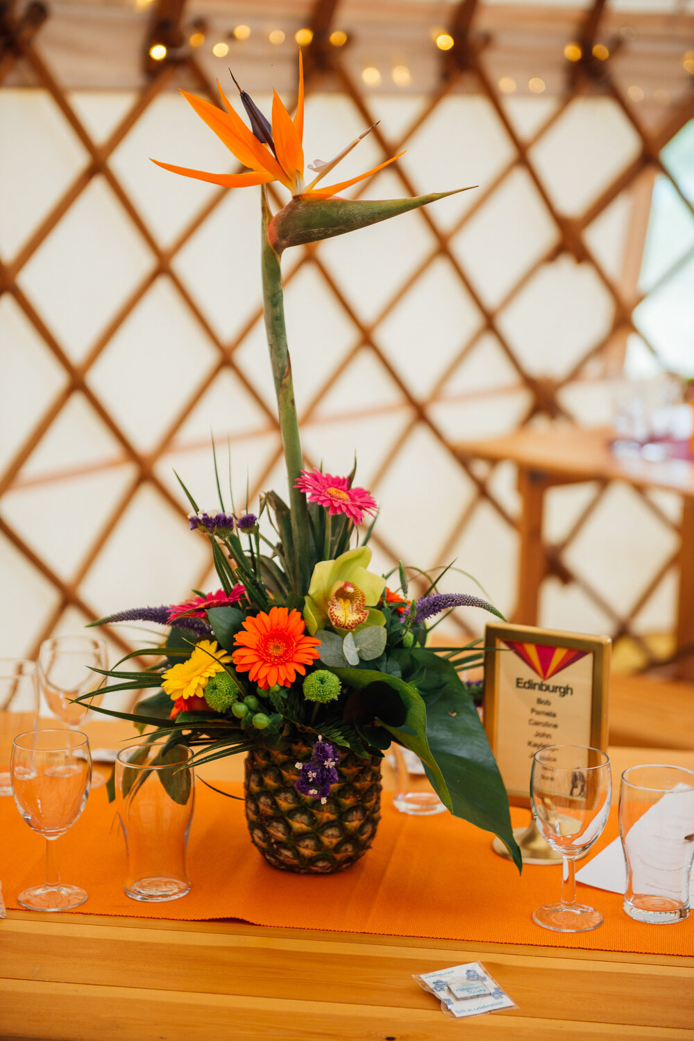 Bright Colour Pineapple Center pieces Tropical Colourful Wedding Photography