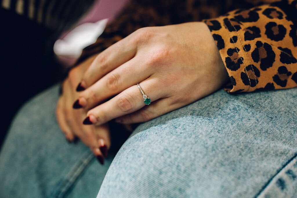 Bride in leopard print shirt engagement ring - Intimate Essex wedding Old Parish Rooms