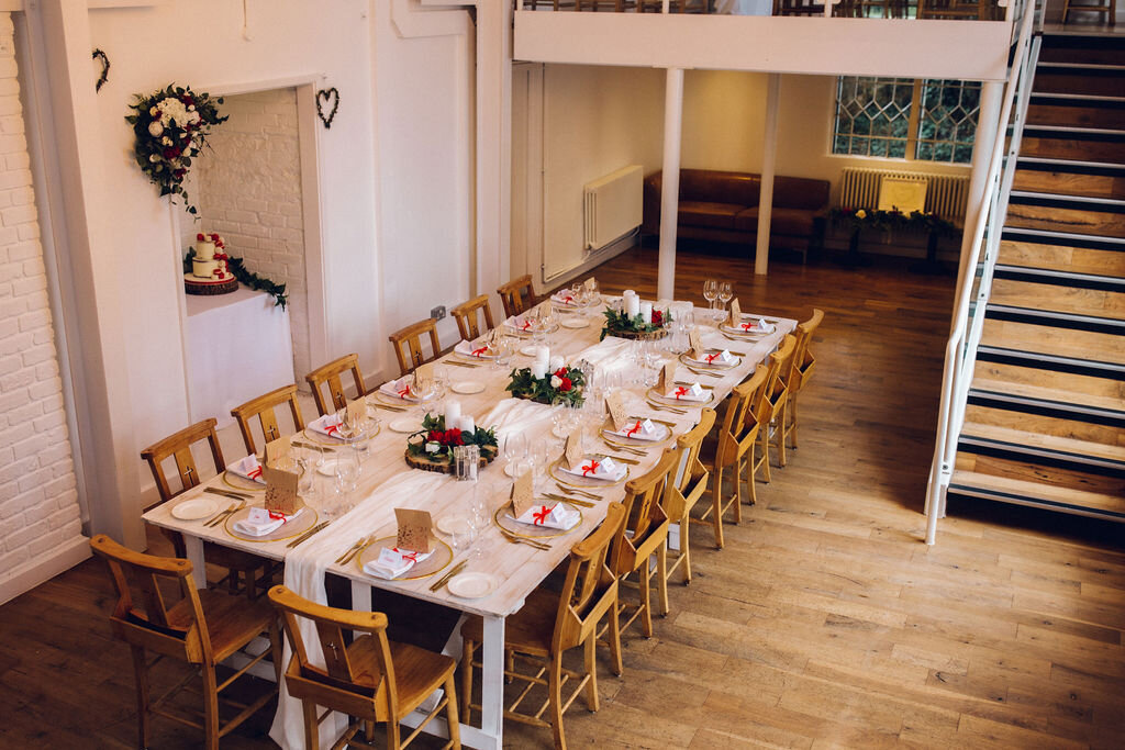 Long micro wedding table set up - Intimate Essex wedding Old Parish Rooms