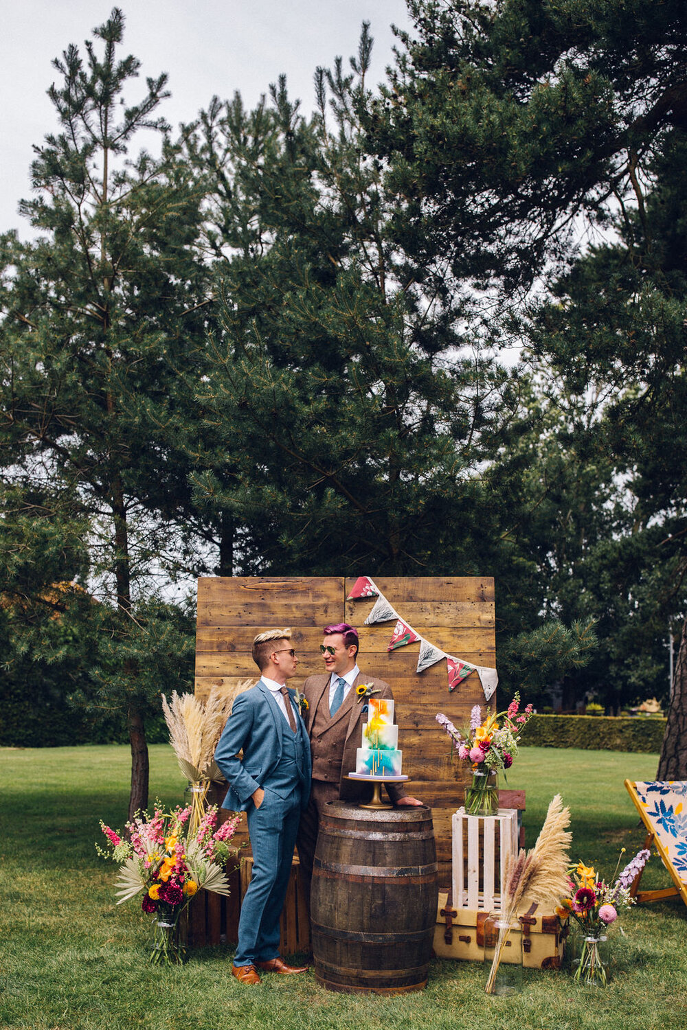 Colourful same sex festival wedding inspiration Barnston lodge Essex