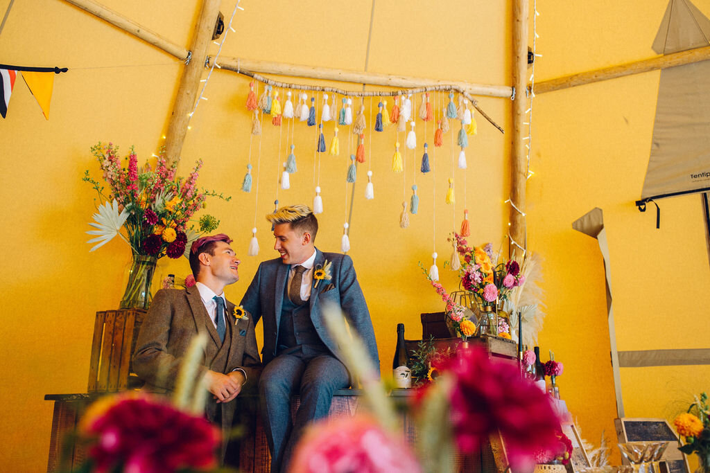 Colourful same sex festival wedding inspiration Barnston lodge Essex