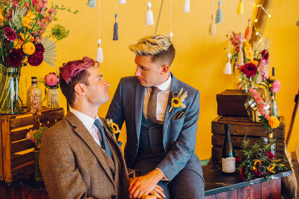 Colourful same sex festival wedding inspiration Barnston lodge Essex
