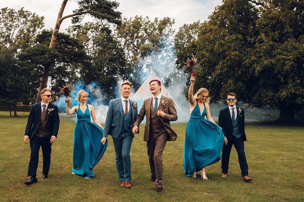 Colourful same sex festival wedding inspiration Barnston lodge Essex