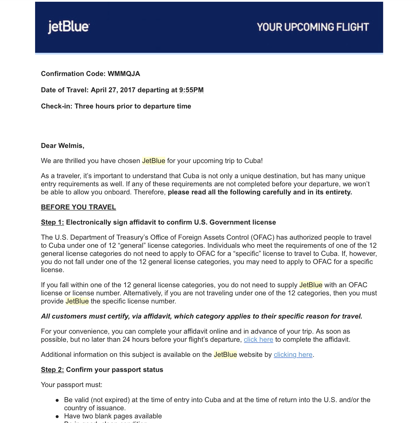 Your airline will email you something like this