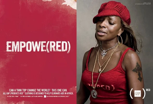 Empowe(red) campaign image: "Can a tank top change the world? This one can. All Gap Product (RED) clothing is designed to help eliminate AIDS in Africa."