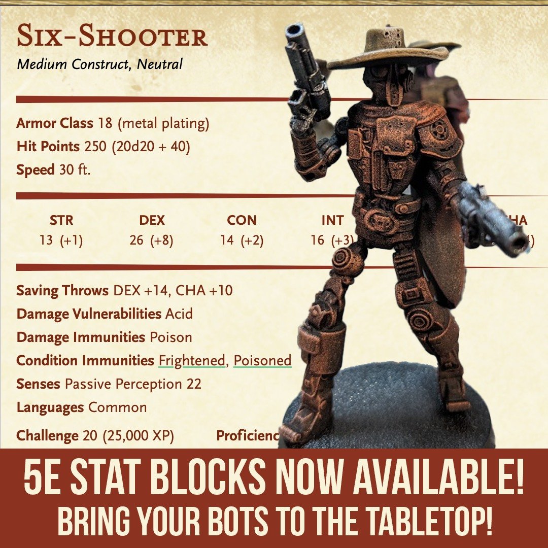 Dungeons and Dragons Compatible Stat Blocks Now Available!
For the first time ever you can bring your Robot of the Month models to the table-top! OVER 30 complete stat blocks available with skills and abilities highlighting the robots unique personal