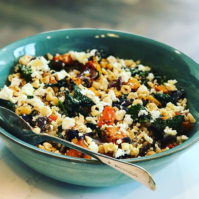 Roasted vegetable, kale &amp; chickpea quinoa salad with feta &amp; toasted hazelnuts. #iwd2019 lunch @maddthingstudio .
.
.
#roasted #vegetable #quinoa #chickpea #feta #glutenfree #vegetarian #mediterranean #food #foodie #nomnom #foodporn #salad #cl