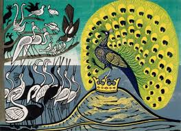 “Peacock and Magpies” Linocut Edward Bawden 1970