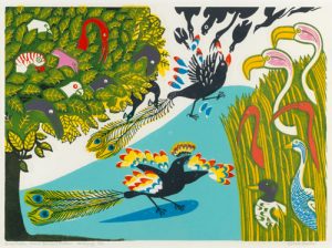 “Daw in Borrowed Feathers” Edward Bawden 1970 Linocut