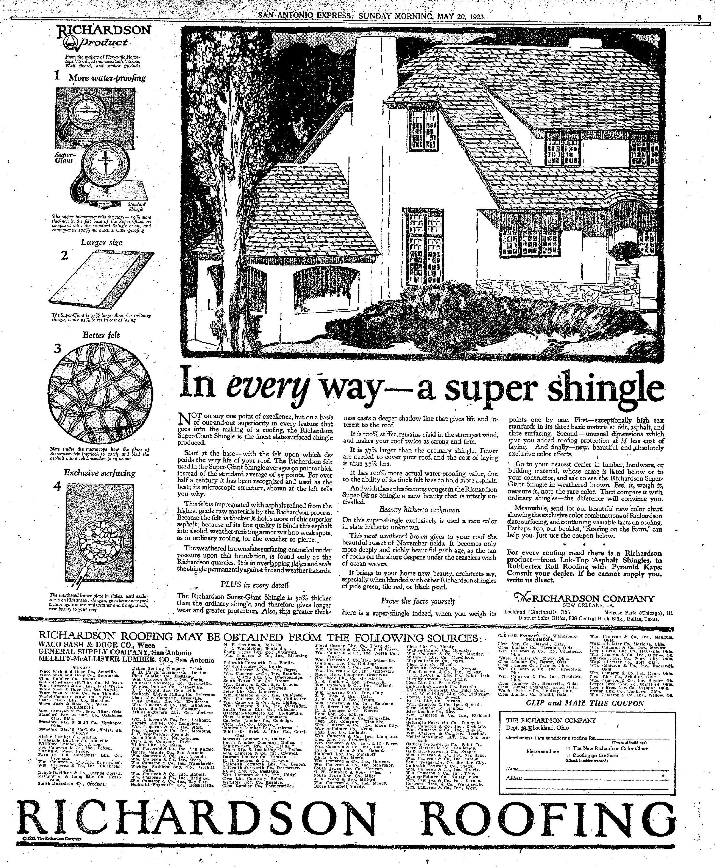 A 1923 advertisement in the San Antonio Express News for an asphalt composition shingle product.