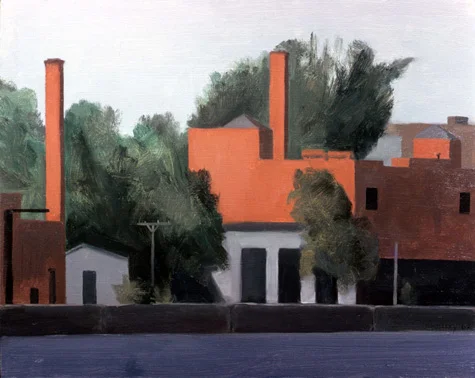 Red factory on Genesee, Rochester NY oil on board 16 x 12