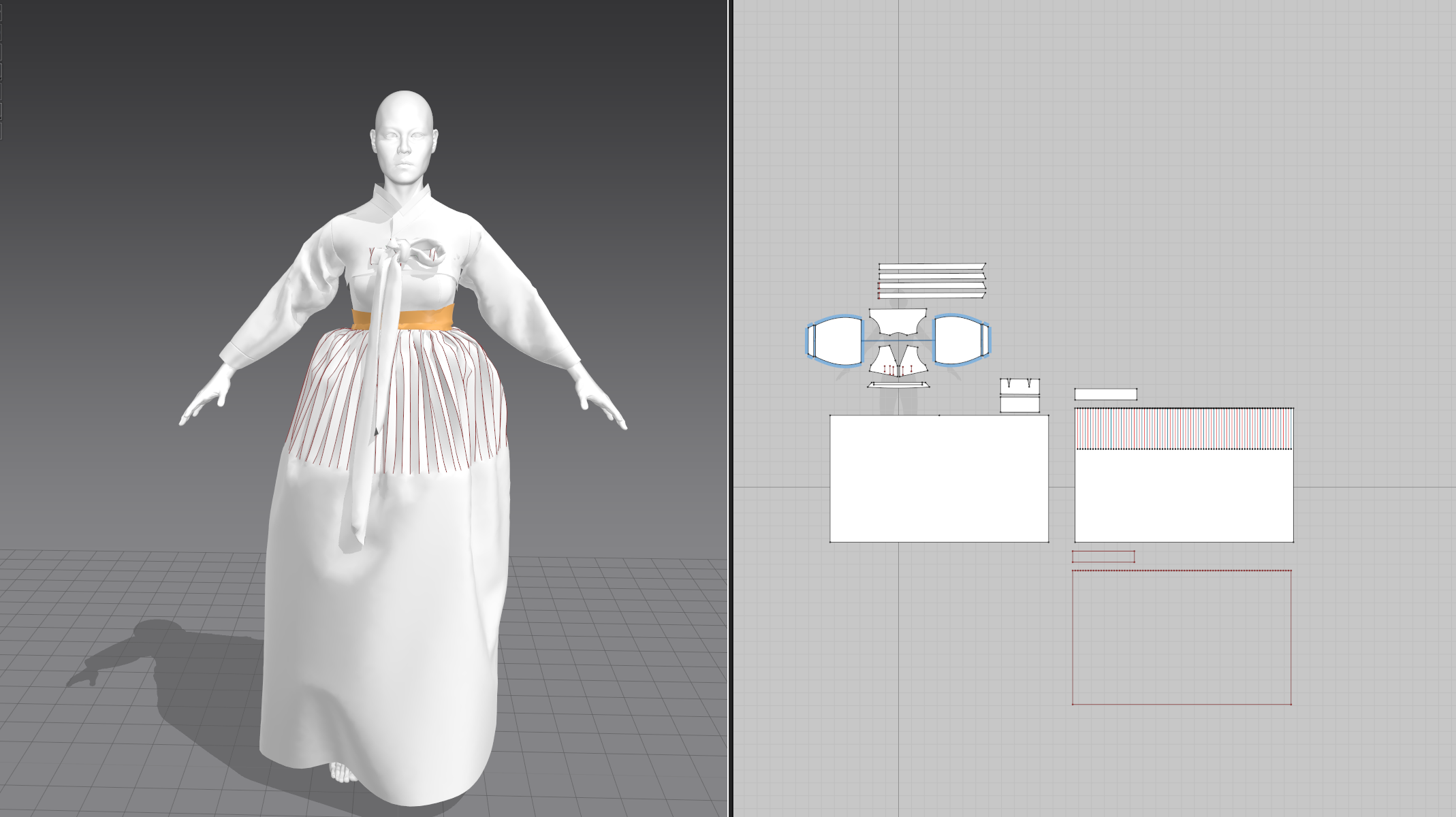  It was my first time trying to use animation to sim the clothing into pose in Marvelous Designer. The pose is so dramatically different from the A-pose, so I was surprised when the sim turned out really nicely. I would have to pause the animation fr