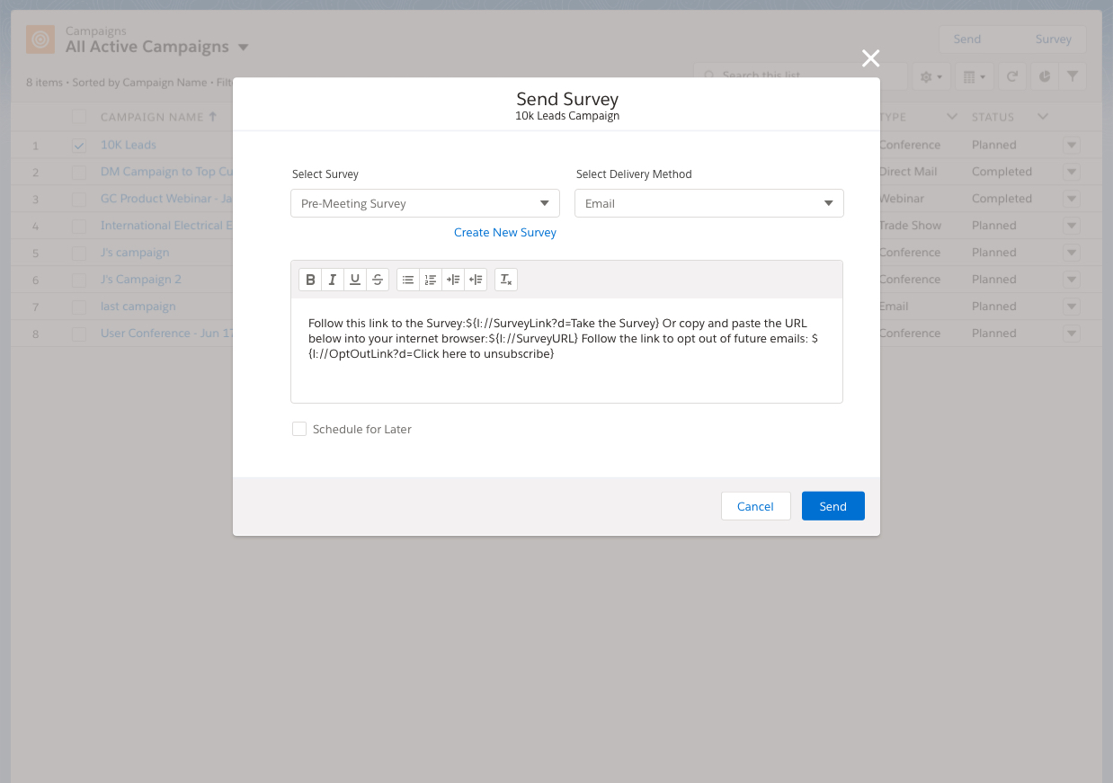 Repurposed component in a modal to quickly send a survey to records.