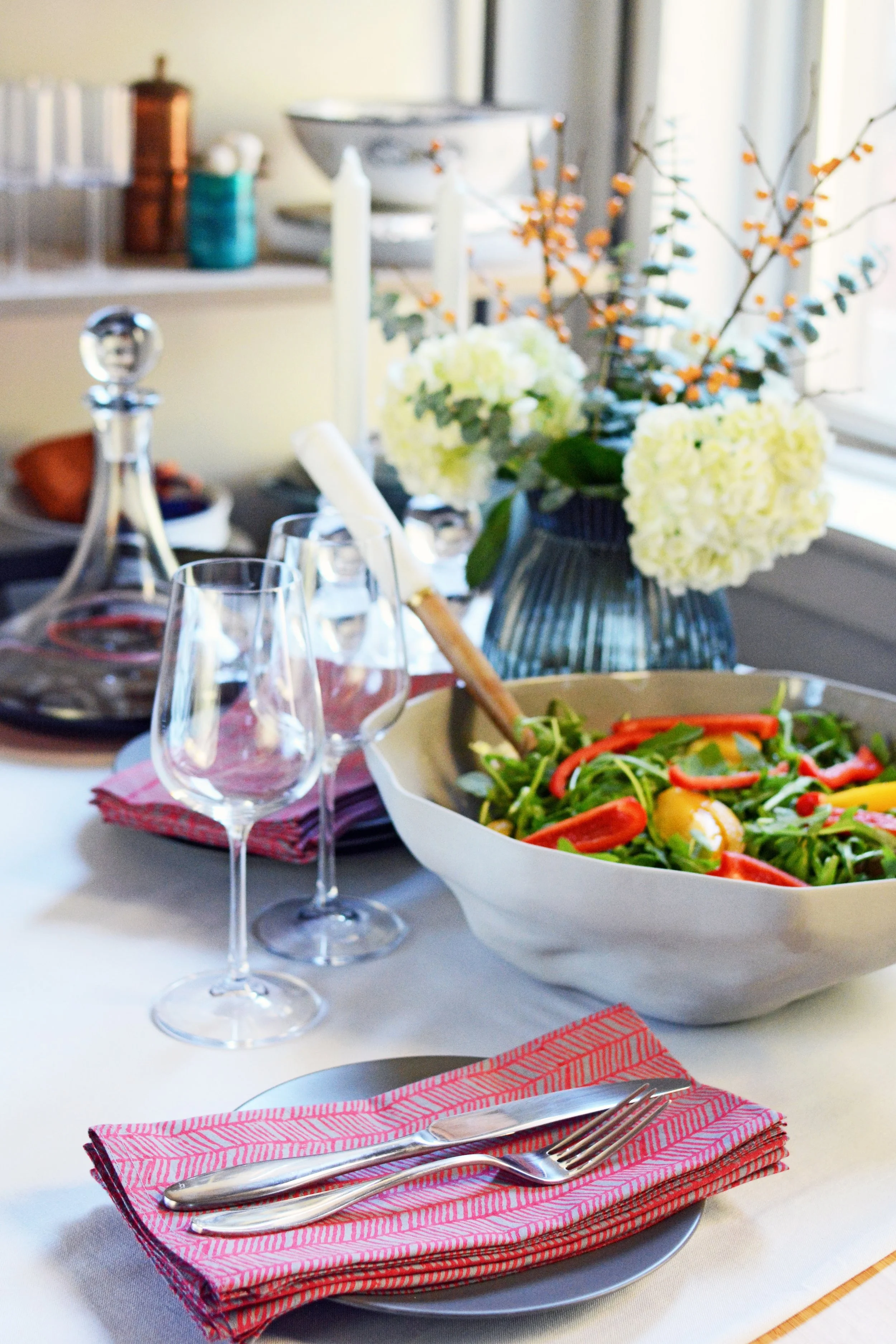 Salad bowl, serving tools, and napkins available at evergreenandlime.com