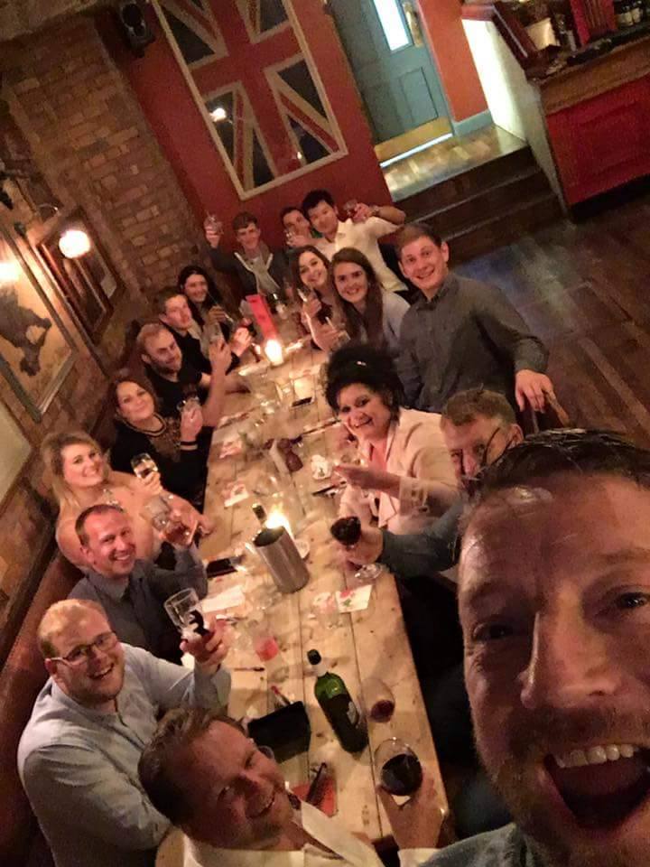 Brett, the trainers and the other DYFFY entrants enjoy a meal at the Cosy Club in Stamford