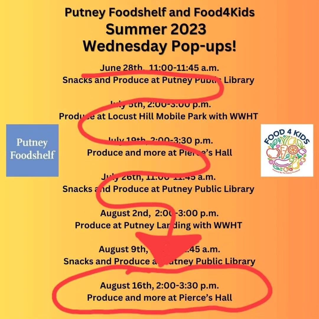 The last pop-up of the summer is tomorrow, 8/16, 2:00 - 3:30 pm at Pierce's Hall on East Putney Falls Rd!

We will have cantaloupes, tomatoes, cauliflower, onions, potatoes, zucchini, green peppers, carrots, onions, frozen local meats, vanilla-infuse