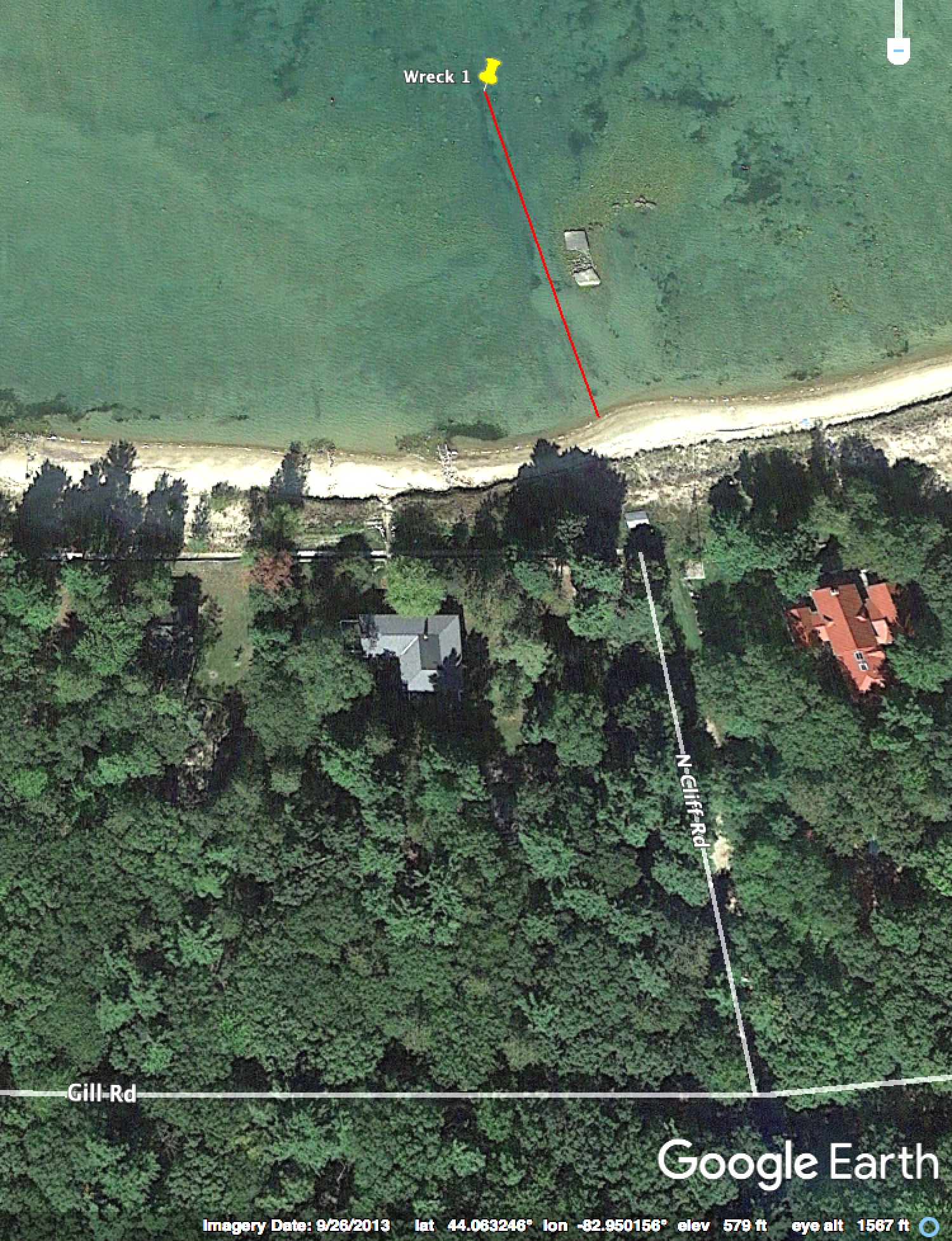 Wreck is 260 ft. from shore on a bearing of 348 degrees. Public parking is not verified. Please respect private property.
