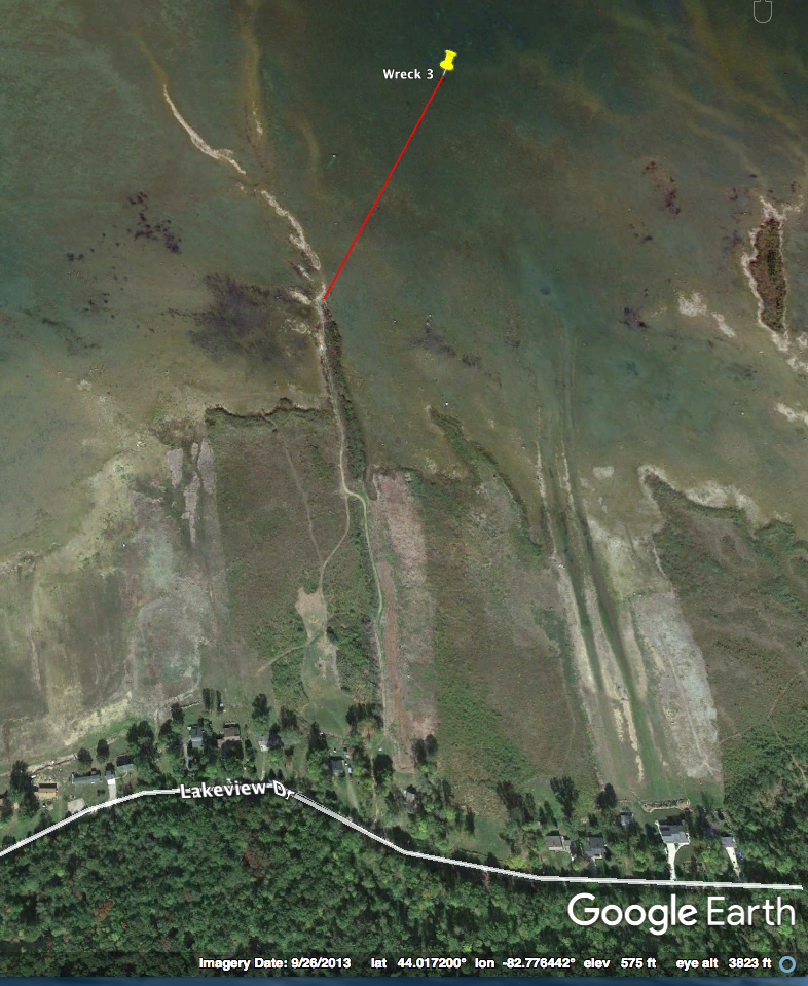 Wreck is 1,300 ft. from Oscabe Point on a bearing of 28 degrees. A trail to the point may provide access. Public parking is not verified. Please respect private property.
