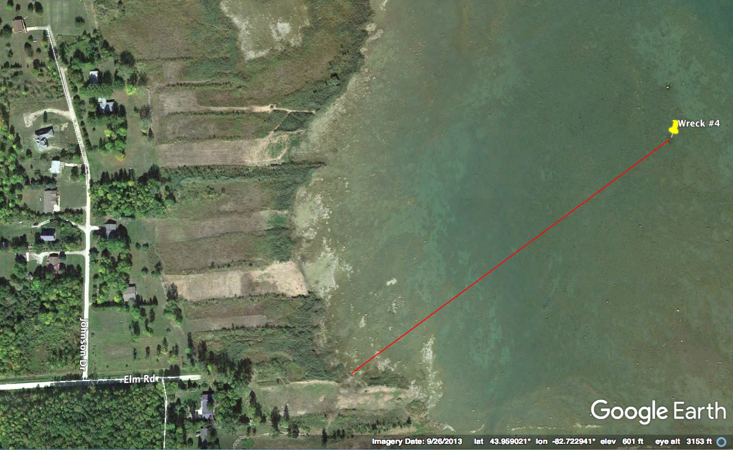 Wreck is 1,300 ft. from shore on a bearing of 55 degrees. A path at the end of Elm Road may provide access. Public parking is not verified. Please respect private property.