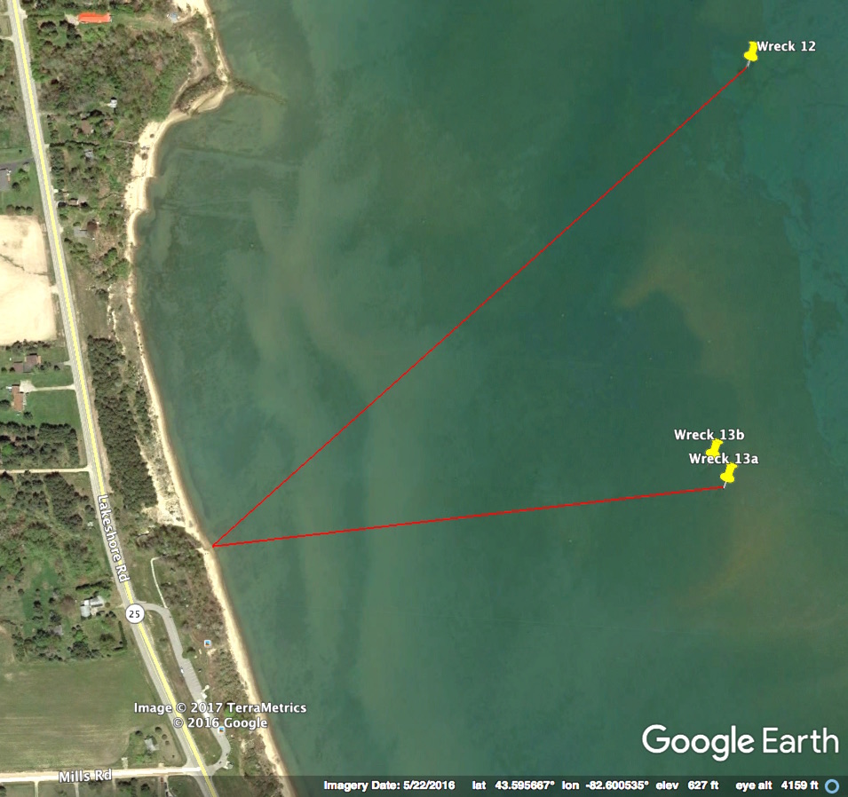 Wreck is 2,400 ft. from shore on a bearing of 49 degrees. Public parking at the Four Mile Scenic Turnout on M-25.