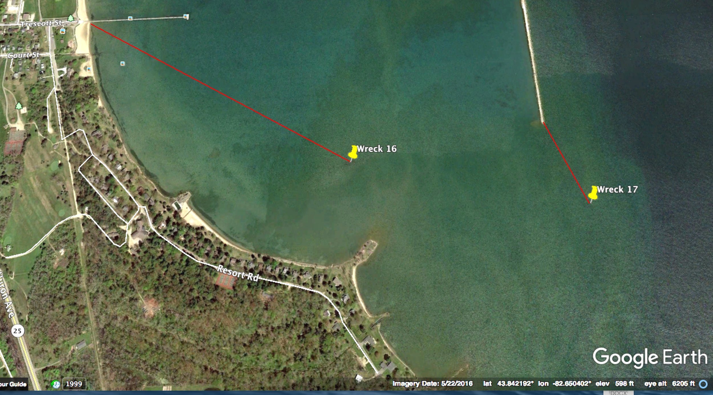 Wreck is 780 ft. from south end of the Harbor Beach breakwater on a bearing of 156 degrees. Public access from the Trescott St. pier. (No Google aerial image is available.)