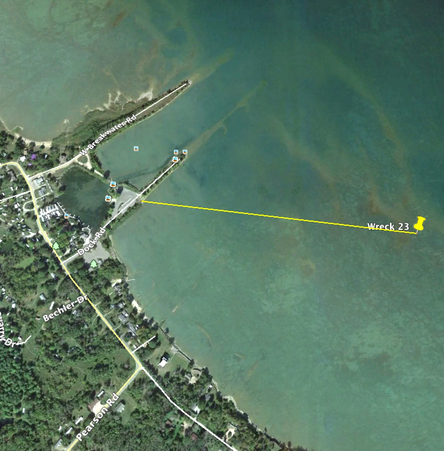 Wreck is 2,335 ft. from shore on a bearing of 97 degrees. Public parking at the DNR access site.