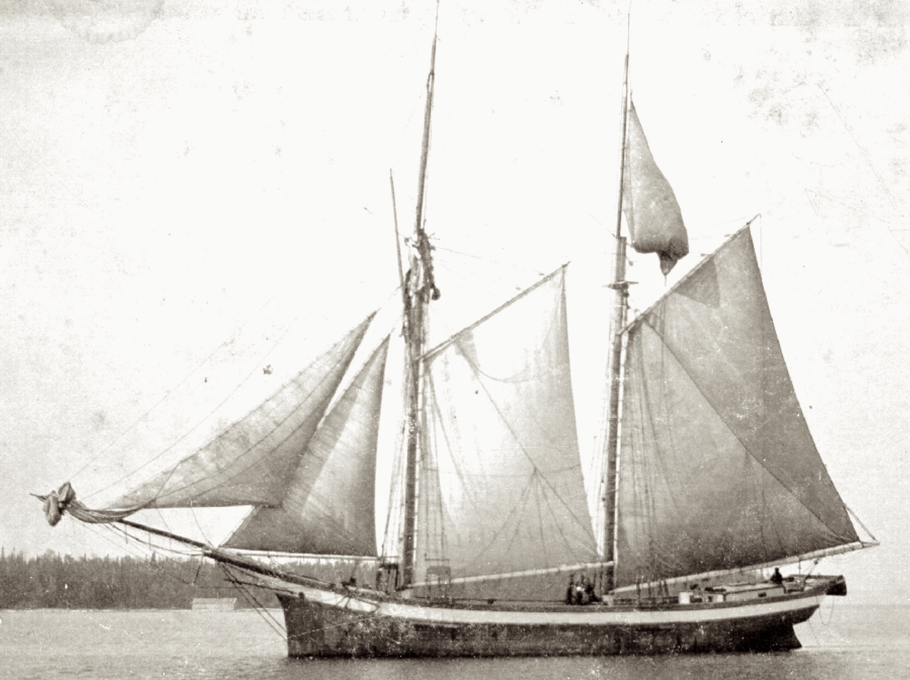 A 19th-century two-masted, gaff-rigged schooner on the Great Lakes.