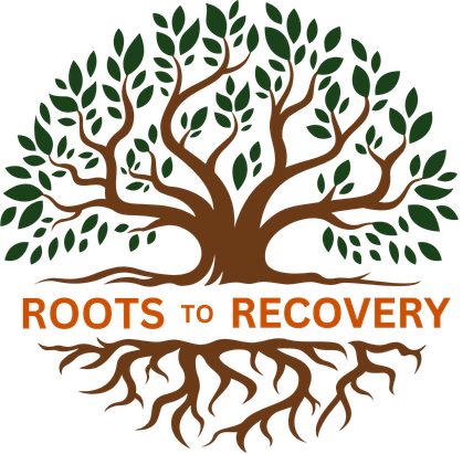 An image of a green leafy tree with roots beneath, forming a circle with "roots to recovery" in orange at "ground" level.