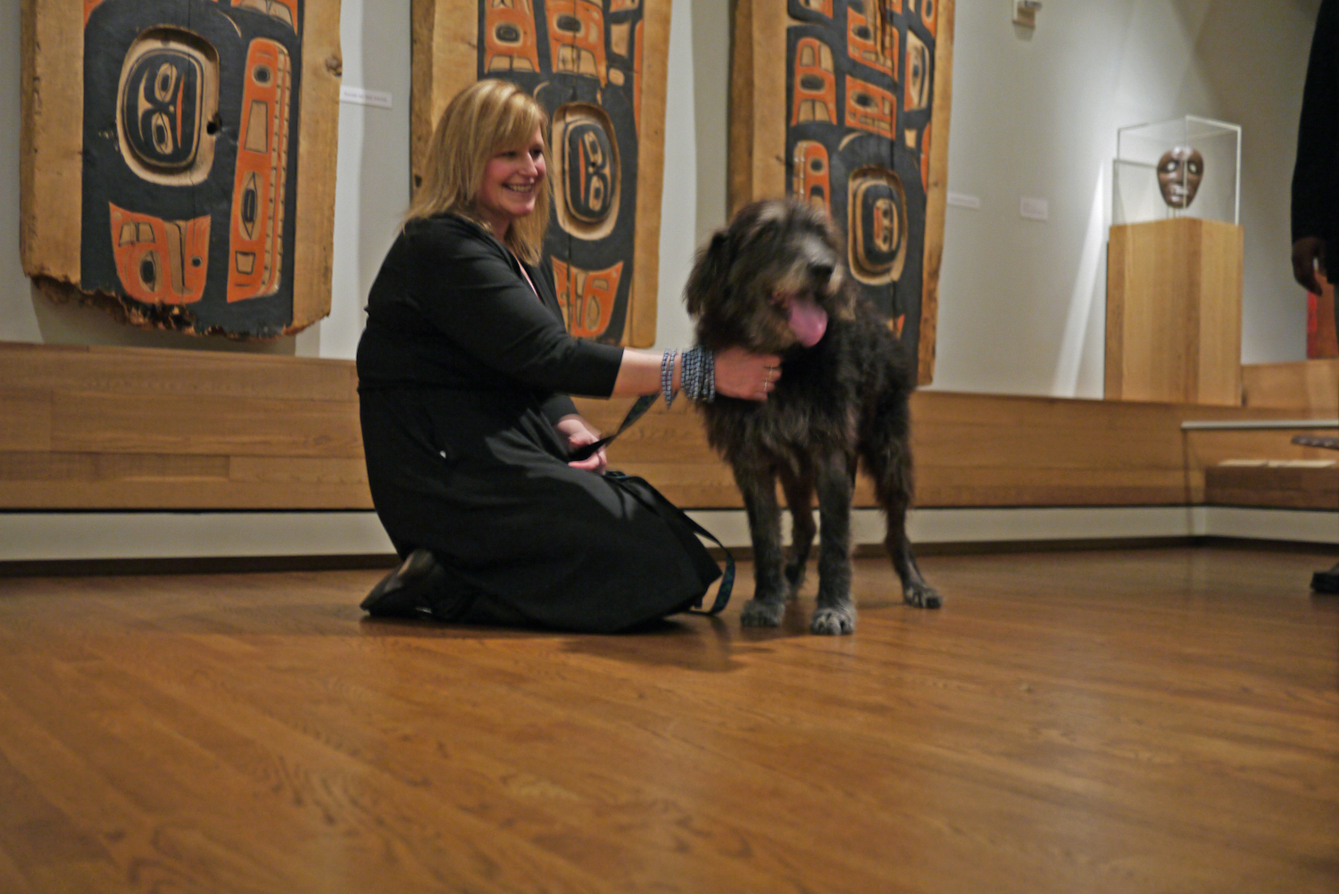  Owner Amanda with dog Tyrone at “House Panels” by Unknown Tlingit artist, late 19th century. Image taken on March 13, 2013.&nbsp; 