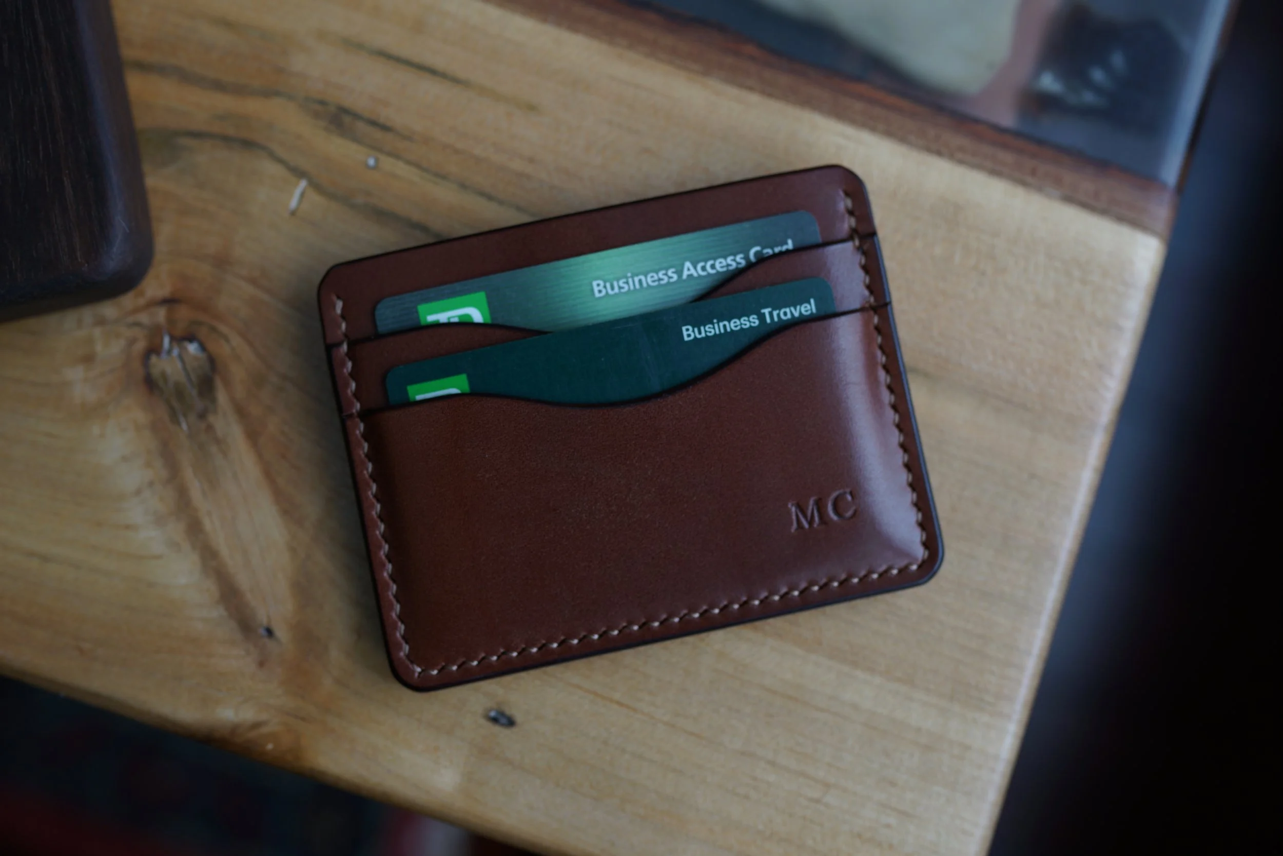 Custom flat wallet, medium brown harness "MC"